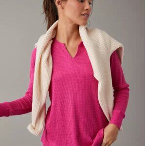NWT AE American Eagle Pink Waffle Plush Long Sleeve - Notch Neck - Women's XS